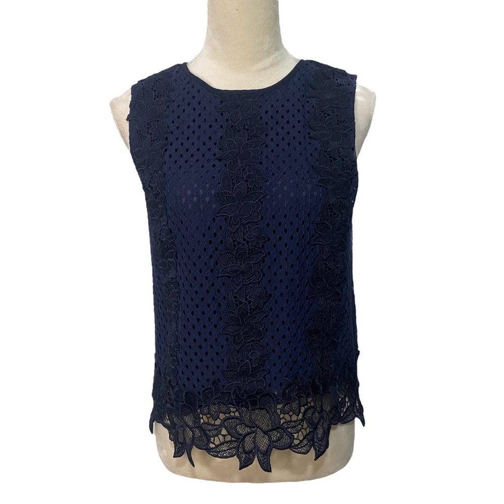 Ann Taylor Navy Lace Eyelet Overlay Floral Embroidered Sleeveless Blouse Size XS
